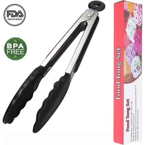 Pinze da cucina (Nero-Nero+Argento), in acciaio inossidabile senza BPA e silicone alimentare, resistenti al calore - 27 cm, nere (1/4)