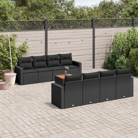 Ensemble jardin 9 places résine tressée noir avec coussins - Salon extérieur modulaire 8 sièges + table acacia (1/3)