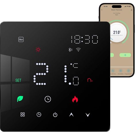 Termostato eléctrico para suelo radiante con sensor, termostato inteligente para dormitorio con conexión WiFi, compatible con Tuya, Alexa y Google Assistant, pantalla táctil digital negra de 16 A. (1/5)
