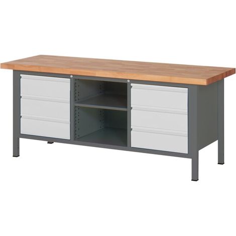 Etabli réglable en hauteur STIER Premium avec 6 tiroirs et un compartiment ouvert, lxPxH 2 000x700x840-1 040 mm