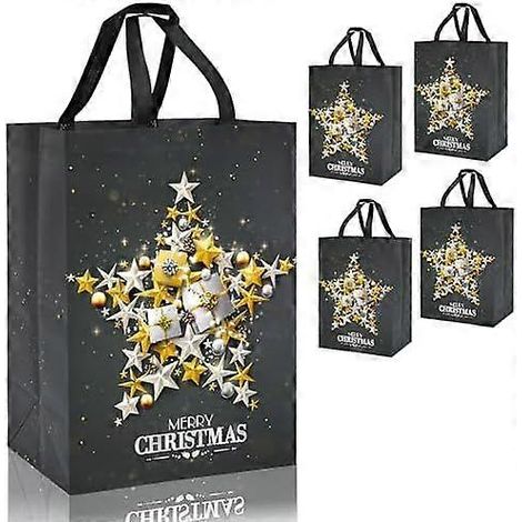 Sacs cadeaux de Noël gris QRTDXP 41 x 30 x 18 cm, lot de 4 grands sacs fourre-tout de Noël à motif étoile, réutilisables, en non-tissé (1/4)