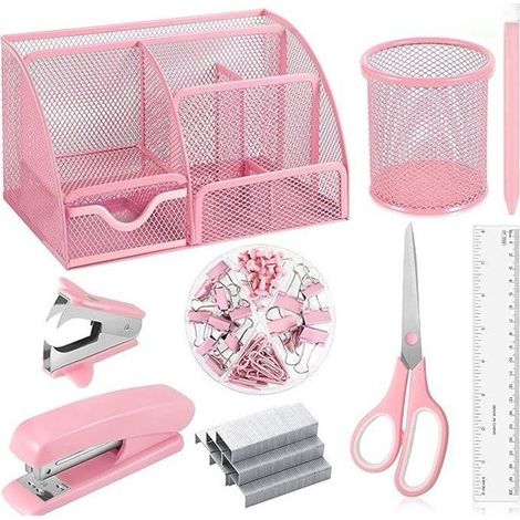 Ensemble d'agrafeuse rose avec dégrafeuse, dévidoir de ruban adhésif, ciseaux, règle, stylo et organiseur de bureau (1/2)