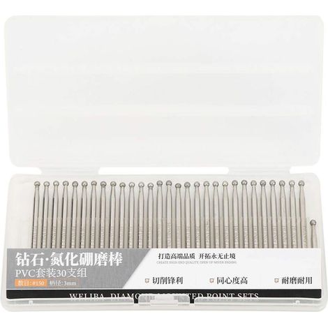 Juego de 30 fresas de diamante, brocas de diamante de cabeza esférica de 3 mm, brocas de diamante de 3 mm, herramientas de rectificado redondas, brocas de diamante, broca de rectificado, fresa con pun (1/5)