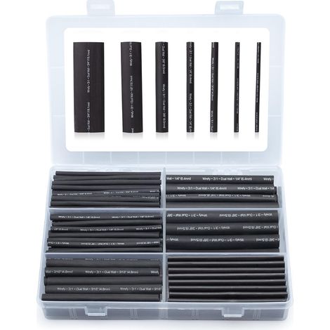 180 Pièces Kit de Gaine Thermorétractable Etanche Noire - 3:1 Tube Thermoretractable à double paroi - Revêtement adhésif - Gaine Thermo (1/5)
