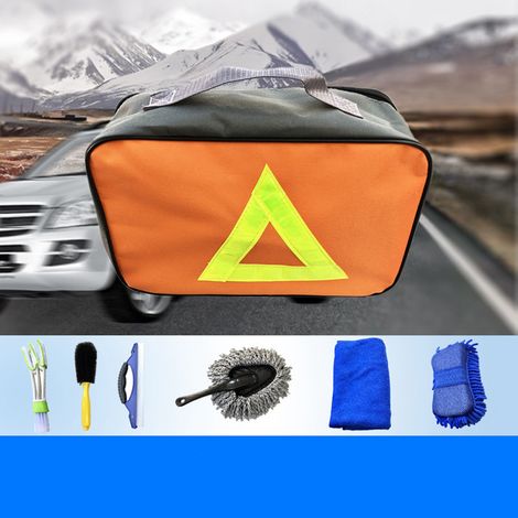 Ensemble d'outils de nettoyage pour lavage auto, comprenant cire, chiffon, grattoir à vitres et sac de rangement. (1/3)