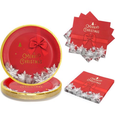 Vaisselle de Noel Jetable En Papier Et Serviettes De Noël 50 Pièces, 23cm Assiette Motif Flocons De Neige Rouges, pour 25 Convives, pour Noël Fêtes Décoration (1/5)