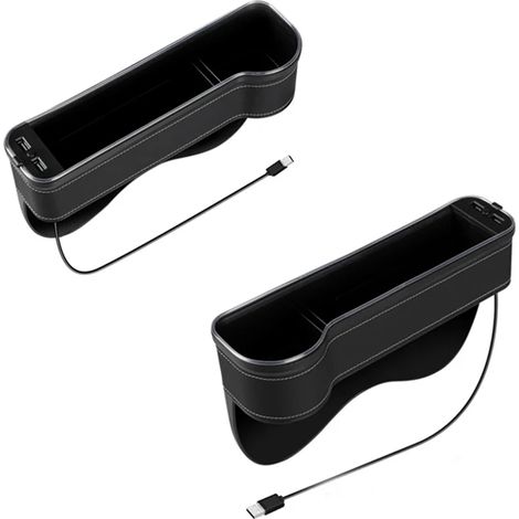 (Noir, 1 ensemble) Organisateur de voiture avec LED colorées, combleur d'espace pour siège auto, double port USB de charge, boîte de rangement en PU avec porte-gobelet.