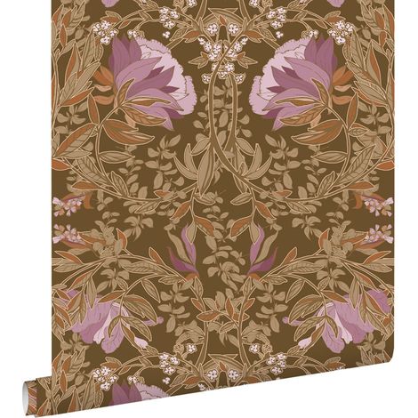 papier peint fleurs vintage de style art nouveau marron et mauve violet - ESTAhome