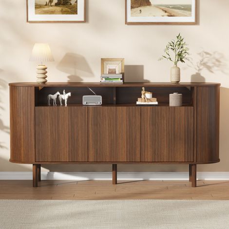 Buffet bas 160 × 40 × 78,5 cm avec 3 portes ondulées et 1 niche ouverte - style moderne - panneaux de particules et pieds en bois massif - noyer (1/5)