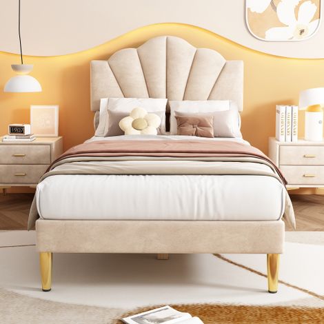 Samt, Polsterbett, muschelartiges Bett mit goldenen Eisenbeinen, höhenverstellbares Kopfteil, Holzlattenrost