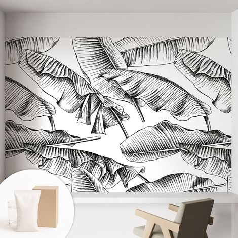 Papier peint intissé mural pour salon chambre à coucher tendance et originale - Colle incluse gratuite Feuilles de bananier 152x104 cm (1/5)