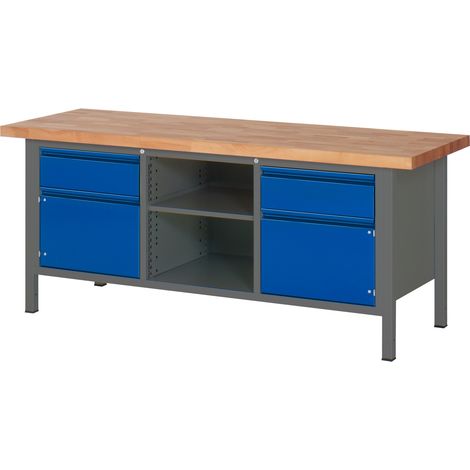 STIER Höhenverstellbare Werkbank Premium mit 2 Schubladen und 2 Flügeltüren BxTxH 2000x700x840-1040mm anthrazitmetall / RAL 5010