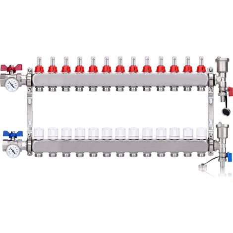 Kit Collecteur Radiateur, 13 Circuits Distributeur Chauffage, avec Thermomètreavec, Vannes à Boisseau Sphérique 1", avec Purgeur Manuel et Débitmètre, Raccords pour Eurocône 3/4, Distributeur HKV