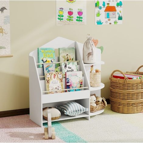 Librería infantil de madera blanca con 7 compartimentos y bordes redondeados (1/5)