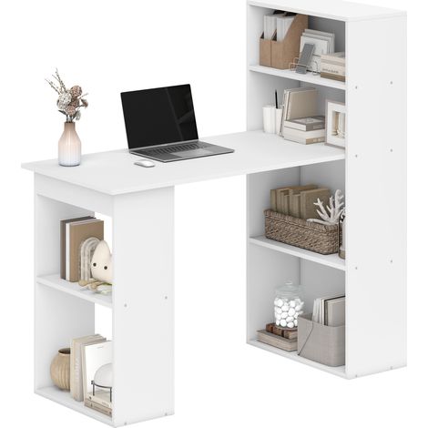 Weißer HOMCOM Computertisch 120x55x120 cm mit 6 offenen Ablagefächern für Schlafzimmer oder Studio