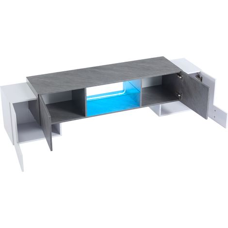 TV Lowboard mit 4 Türen, 3 Ebenen und LED, Verstellbare Glasablage, für Wohnzimmer, aus MDF, Weiß Grau, 180×40×46.5 cm (1/5)
