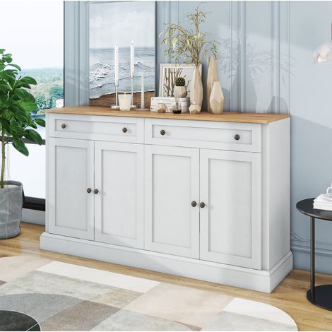 Buffet 150x40x86 cm blanc et bois naturel en panneaux de particules avec 4 portes, 2 tiroirs et étagères réglables (1/5)