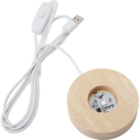 LED Light Base USB Interface Oak Wood Material Round 2cm/0.8in Thickness Glowing Decorative Display Lamp for Home 5VColorful Base (1/5)
