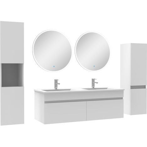 Acezanble meuble Salle de Bain Blanc 120cm double vasque + colonne + miroir rond LED (1/5)