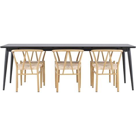 Ellis Essgruppe Tisch 85x230cm und 6 Rattan Stühle mit Armlehnen stapelbar schwarz.