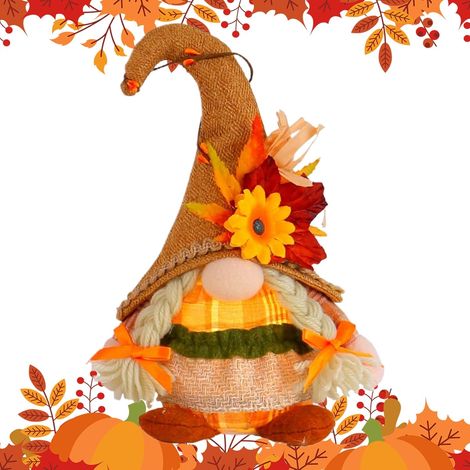 Nain Décoratif en Peluche - Peluche Lutin Thanksgiving avec Lumières LED Décorations Saisonnières Figurine Scénique Accessoire - pour Bureau Chevet Cheminée Étagères Terrasse Jardin (1/5)
