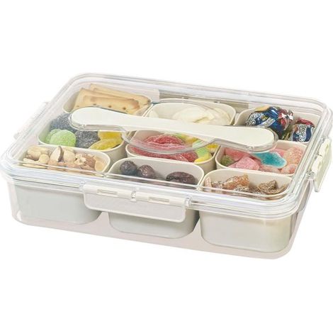 Bandeja de servir portátil con 9 compartimentos，Organizador transparente para dulces，frutos secos y snacks，perfecto para fiestas (1/4)