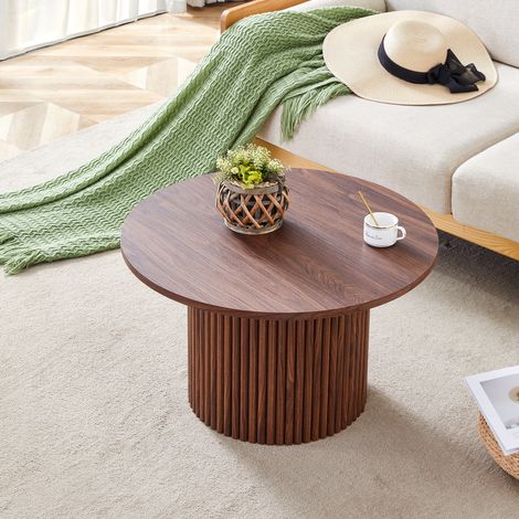 Table basse ronde MDF 70cm style colonnes romaines rainurées. Cadre métallique finition noyer