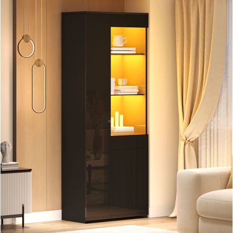 Vetrina 70x35x180 cm con LED, 2 ante, cassetto, ripiani in vetro temperato, truciolare, nero (1/5)
