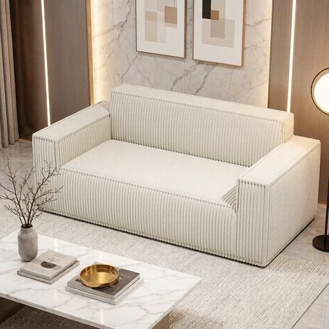 Canapé moderne en velours côtelé, banquette confortable 2 places à assise profonde, fauteuil d'appoint pour salon/appartement/bureau, sans pieds, sans montage, facile à transporter (blanc) (1/5)