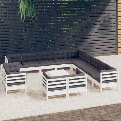 14-tlg. Garten-Lounge-Set mit Kissen Weiß Massivholz Kiefer (1/3)