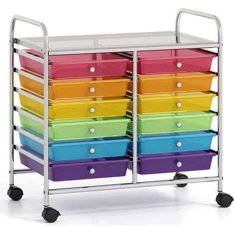 Chariot multicolore à 12 tiroirs transparents en plastique avec 4 roulettes dont 2 avec frein pour bureau maison et école (1/5)