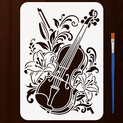 Pochoirs Violon et Fleurs Avec Pinceau 21x29.7cm Réutilisable Pochoir Instruments de Musique et Fleurs Pochoir Motif Violon Floral pour Peinture sur Bois Mur Meuble DIY Décor Maison (1/5)
