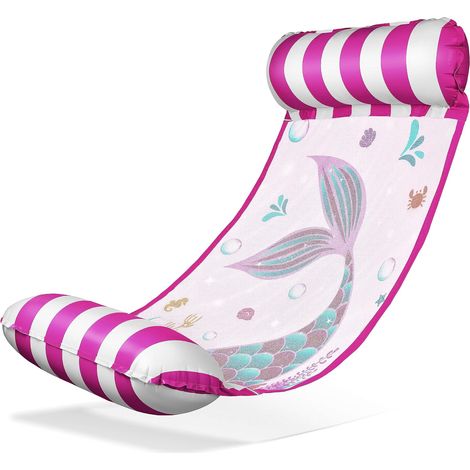 Chaise suspendue à eau sirène rayée rose-blanc (130×70 cm) – Chaise flottante confortable avec filet de refroidissement et imprimé sirène, parfaite pour la piscine et plus encore (1/5)