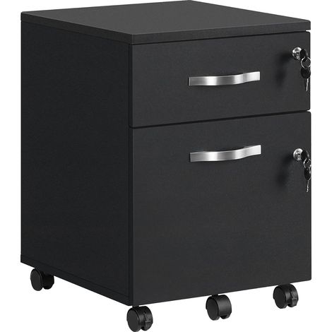 Vasagle – Caisson de bureau à roulettes verrouillable – 2 tiroirs – 5 roulettes – Barre de suspension réglable pour dossiers A4 – MDF noir 40x44x54,5cm