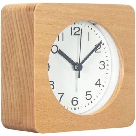 Réveil carré en bois de 7,6 cm avec chiffres arabes, sans tic-tac, silencieux, rétroéclairé, à piles (jaune) (1/5)