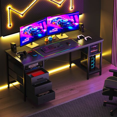 Bureau avec 3 Tiroirs en Tissu 140 × 60 ×75 cm Bureau Gaming avec 3 étagères, Bureau Gamer Noir