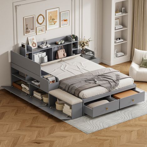 Lit adulte 140x200cm, cadre de lit avec tête de lit, compartiment de rangement intégré, tiroir, table de chevet, tabouret de canapé, sans matelas, gris