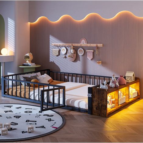 Letto per bambini 140x200 cm in metallo e MDF nero, salvaspazio per camera FloraGrace (1/5)