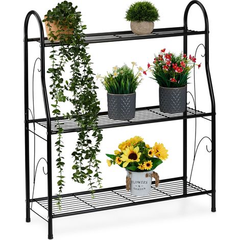 Relaxdays Étagère à plantes, 3 niveaux, pour vos trésors verts, métallique, H x L x P : 83 x 71 x 24,5 cm, noire (1/5)