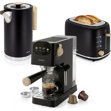Briebe SKT1209BLK Nordic Set Cafetera Espresso 20 Bares, Tostadora Pan 2 Rebanadas, Hervidor Eléctrico Agua 1,7L 1350W Negro