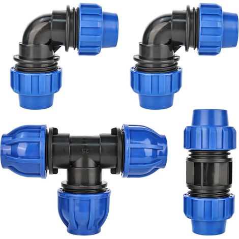 Lot de 4 raccords à visser pour tuyau en polyéthylène - 90° - Raccord coudé en T - Raccord de tuyau en PVC de 25 mm - Pour installations intérieures et extérieures (1/5)