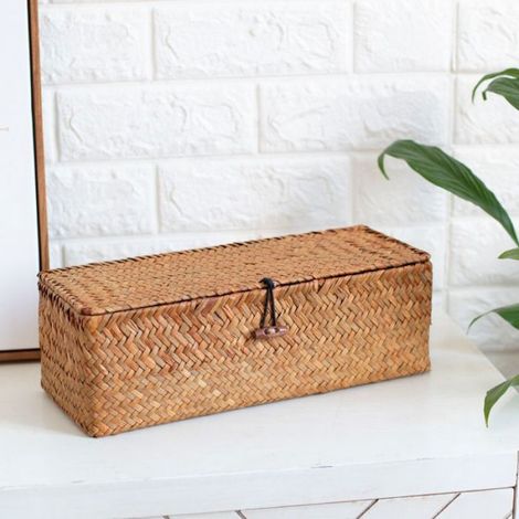 Panier rangement jonc de mer rectangulaire avec couvercle compartiments (1/5)
