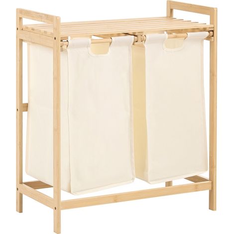 Bathroom Cabinet with Laundry Basket Light Brown Bamboo White Fabric Storage with Shelf Scandinavian Style Bathroom AZUFRERA (1/5)