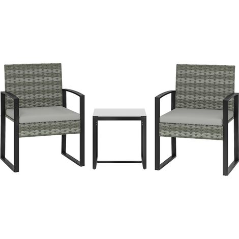 Ensemble bistro en rotin 3 pièces avec 2 fauteuils et table basse, coussins gris clair amovibles (1/5)