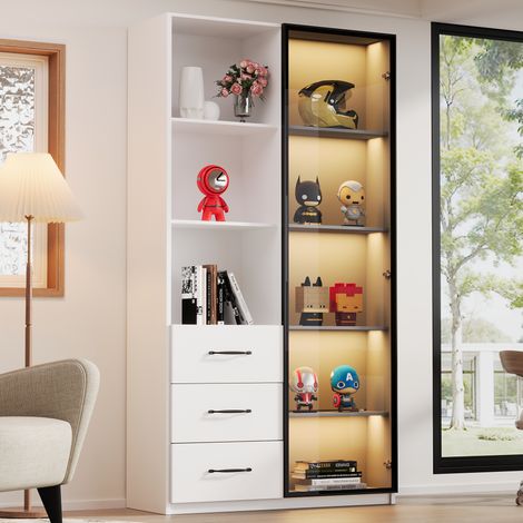 LED-Vitrine 80×40×160 cm mit gehärteter Glastür, 3 Schubladen, 3 offene Ablagen, Aluminium, mehrfarbige LED, Soft-Close LINHOO