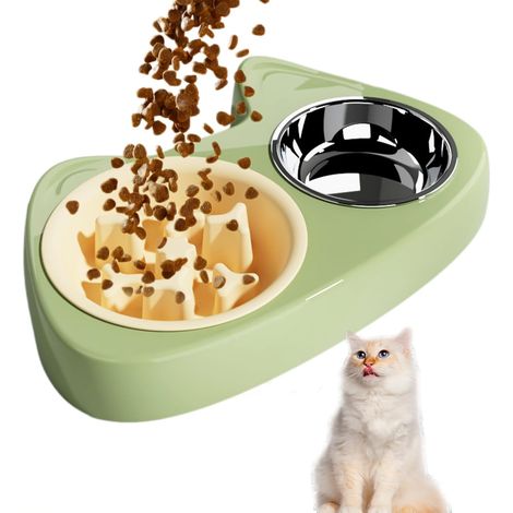 Gamelles pour chat anti-étouffement à digestion lente, bols nourriture et eau antidérapants, intérieur, vert (1/5)