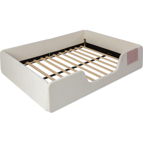 Lit rembourré 140 x 190 cm, sans matelas, barrières de sécurité amovibles, poche de rangement en tissu intégrée, velours unique, beige (1/5)