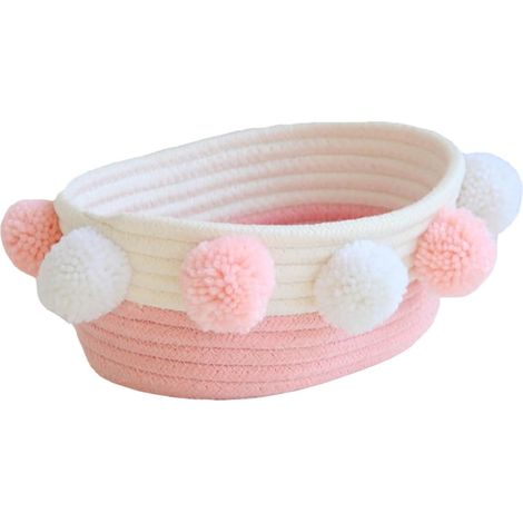 Panier de Rangement en Corde de Coton Tissé Pompons Roses, Boîte de Rangement Élégante et Rustique pour Bureau et Maison, Simple et Unique (1/5)