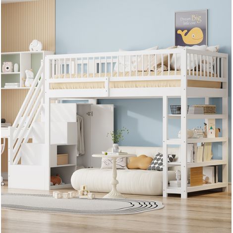 Lit mezzanine en bois massif blanc 90x200 cm avec armoire, étagères, rangements et sommier à lattes inclus (1/5)