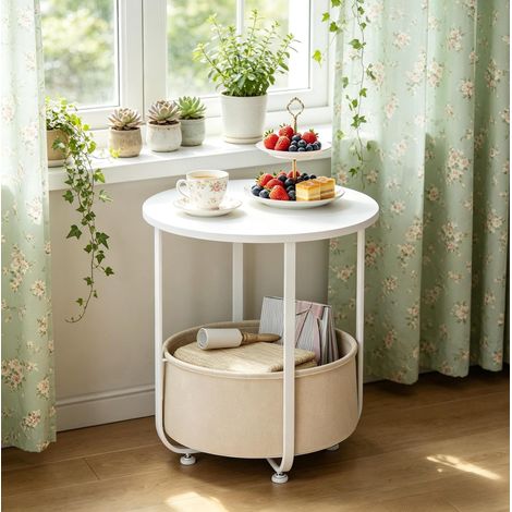 REDOM Mesa auxiliar redonda (45x45x50 cm), con cesta de almacenaje, patas ajustables, madera metal lona, blanco (1/4)